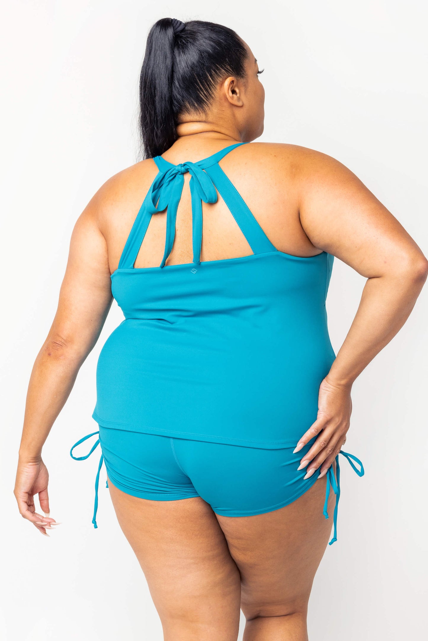 Back view of teal plus size swim tankini size 2X