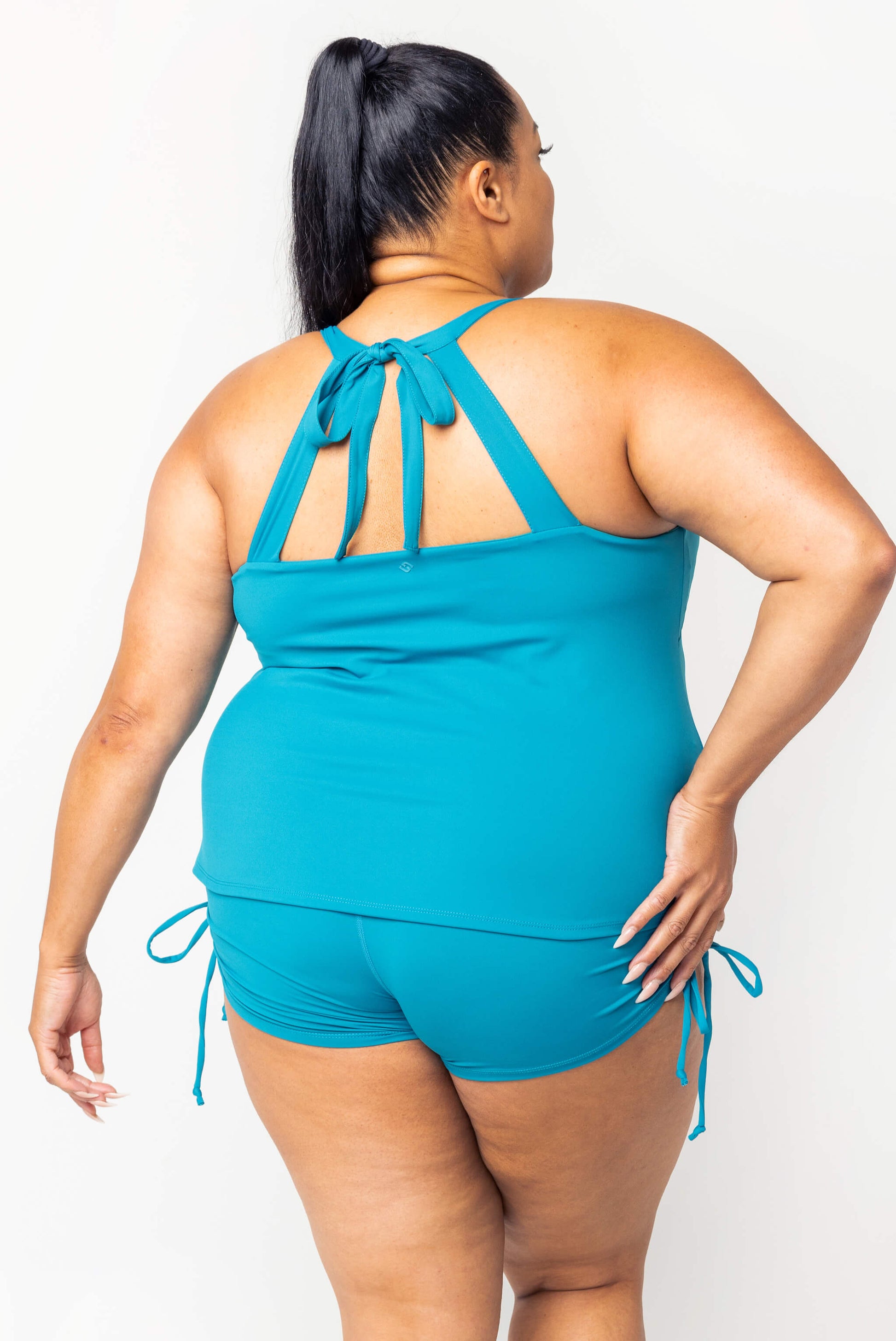 Back view of teal plus size swim tankini size 2X