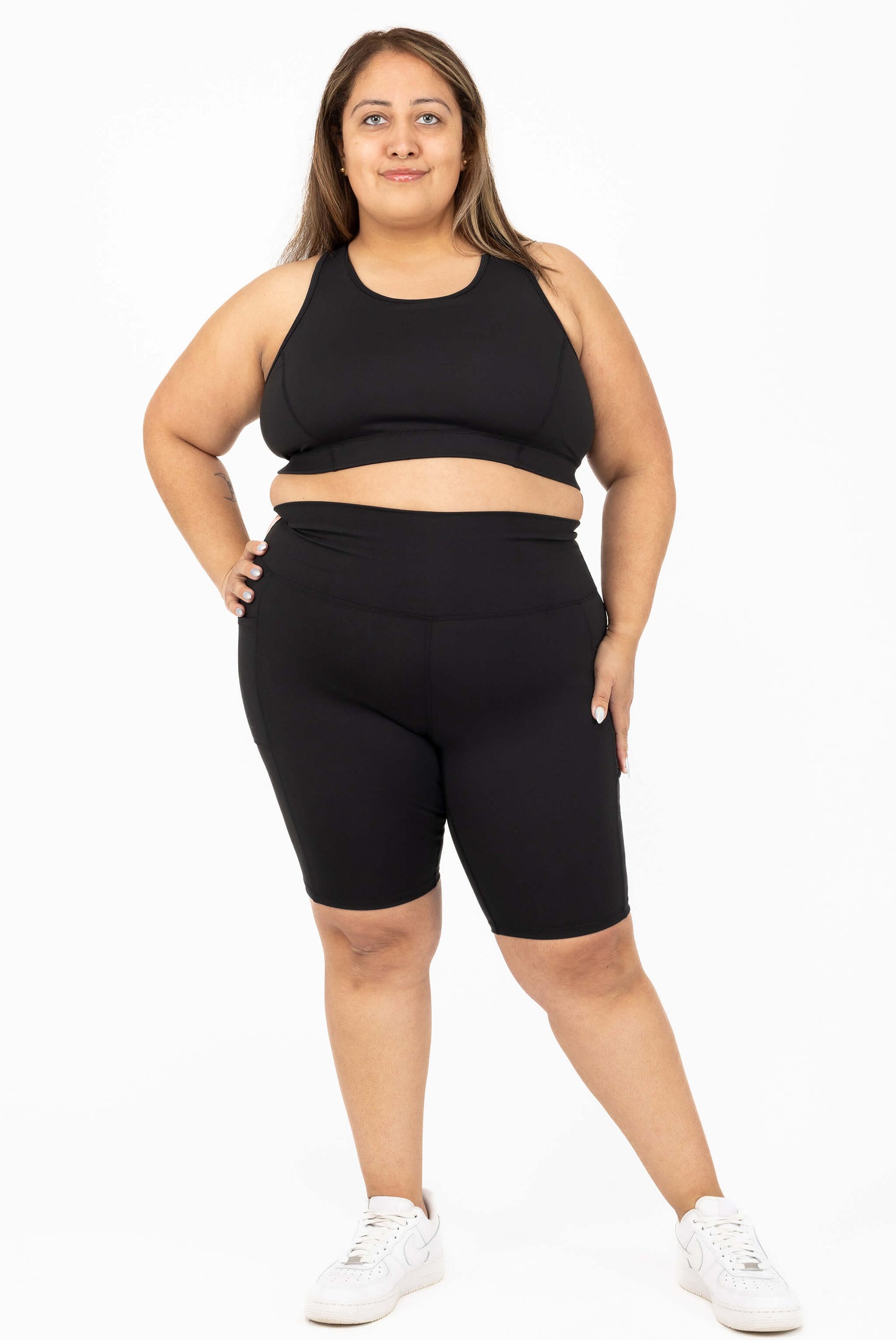 Plus size 11 inch biker shorts with pockets black model size 2X