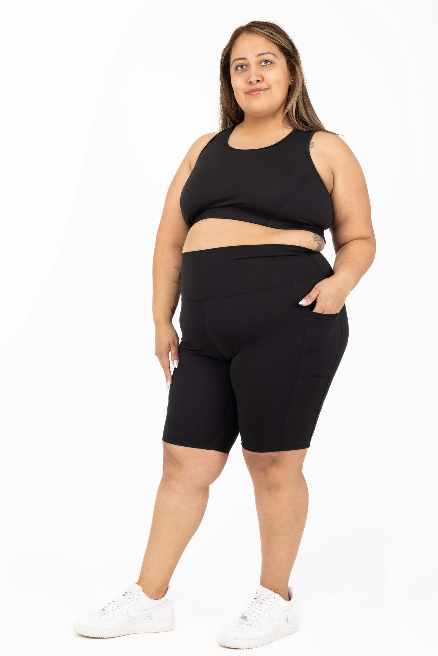 Plus size 11 inch biker shorts with pockets black Model size 2X