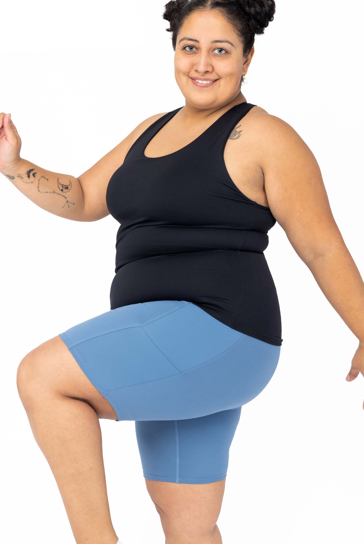 happy model wearing plus size tank with built in shelf bra black size 2X