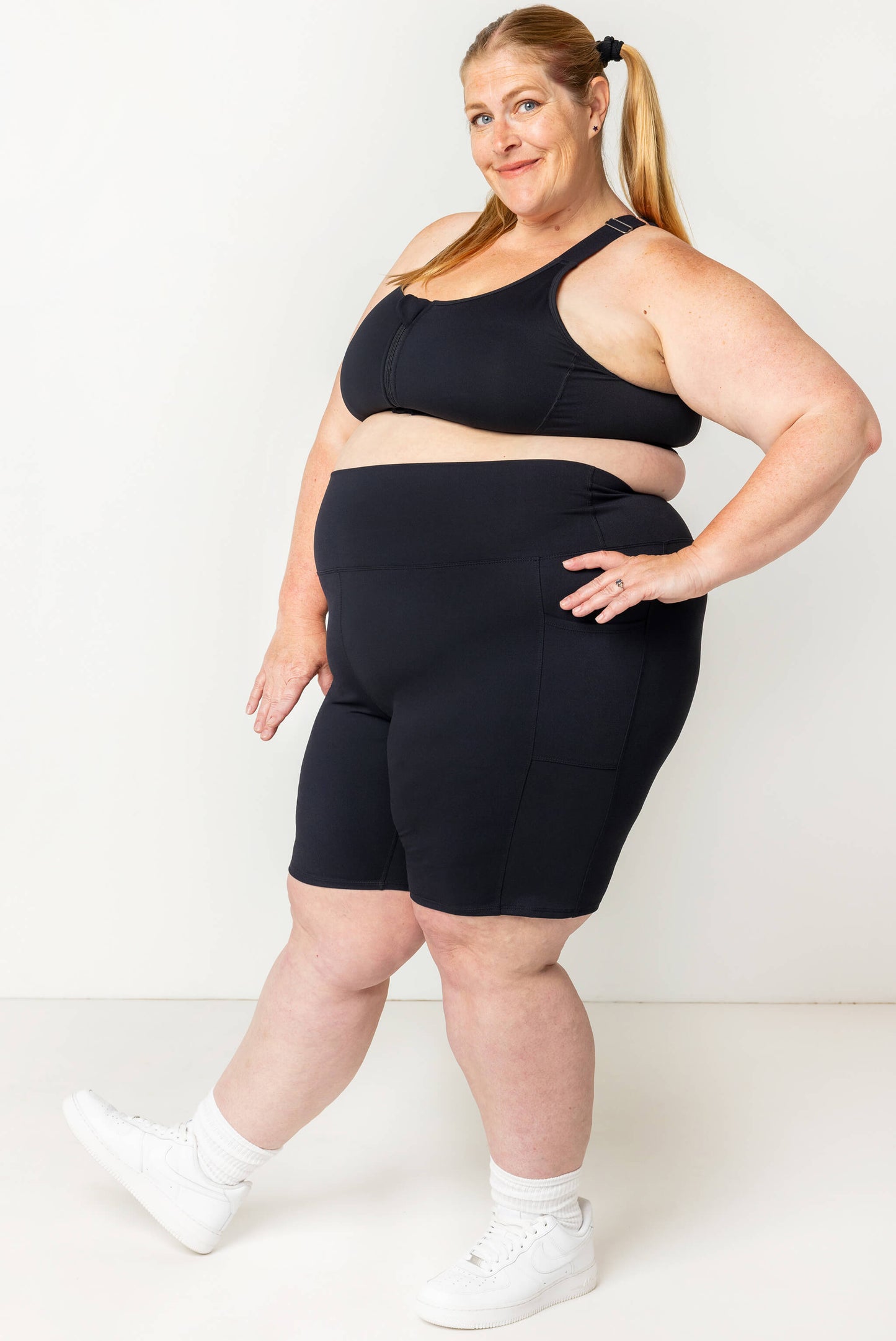 Plus size model wearing size 4X pocket bike shorts