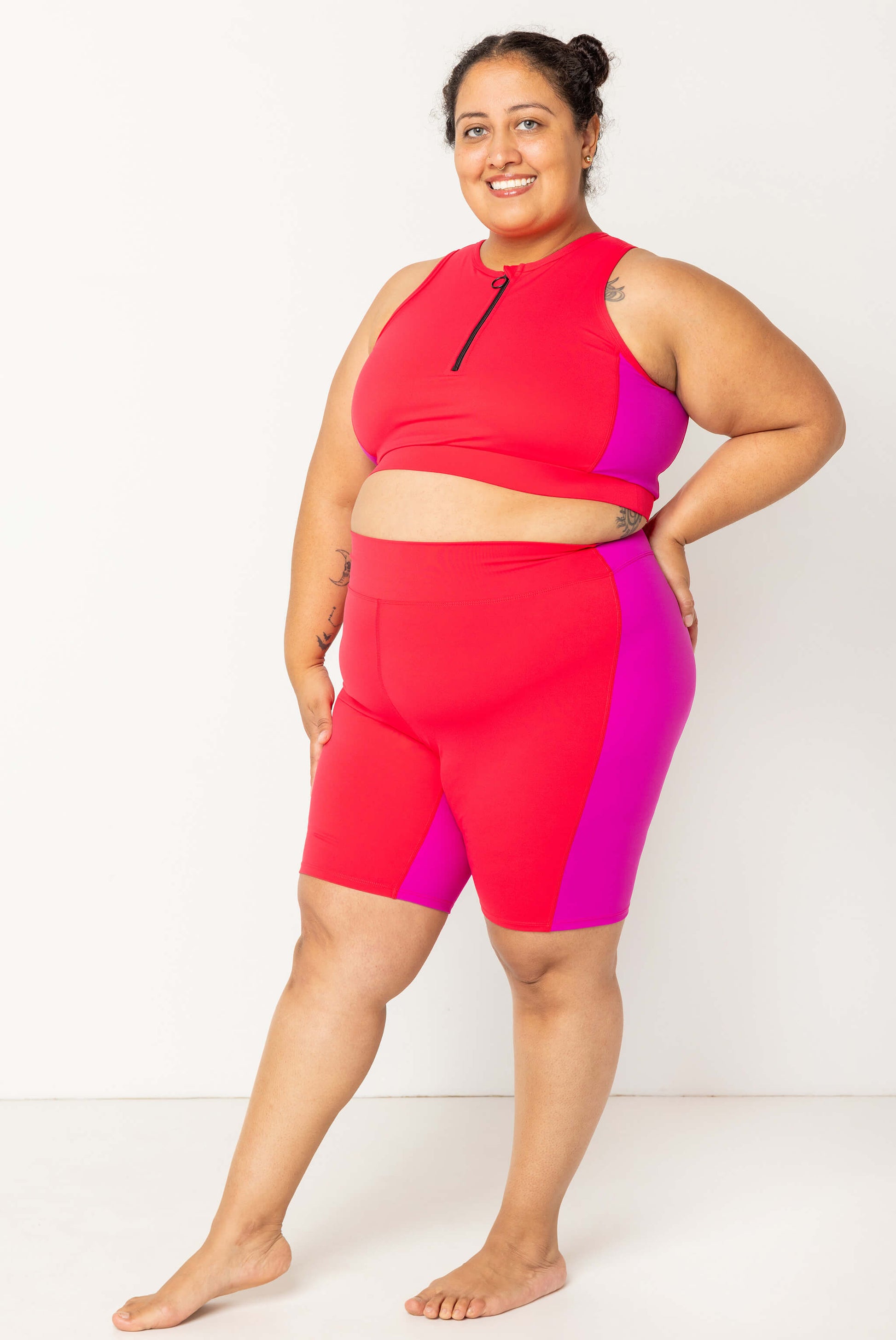 plus size model profile view 9 Inch Swim Shorts - Colorblock Fuchsia