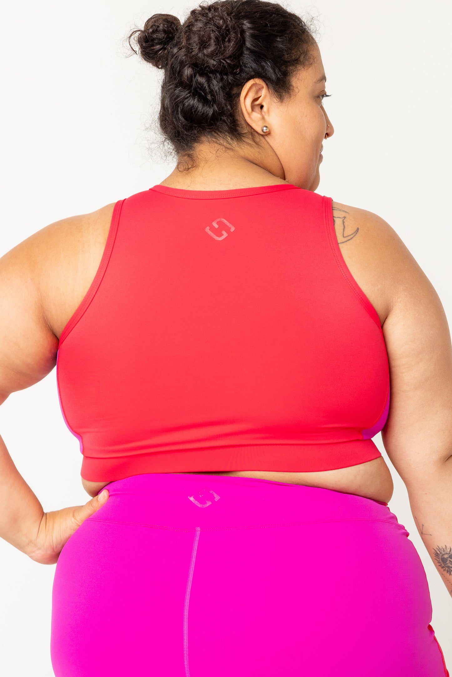 Back view of Half Zip Crop Bikini Top - Colorblock Fuchsia size 2X