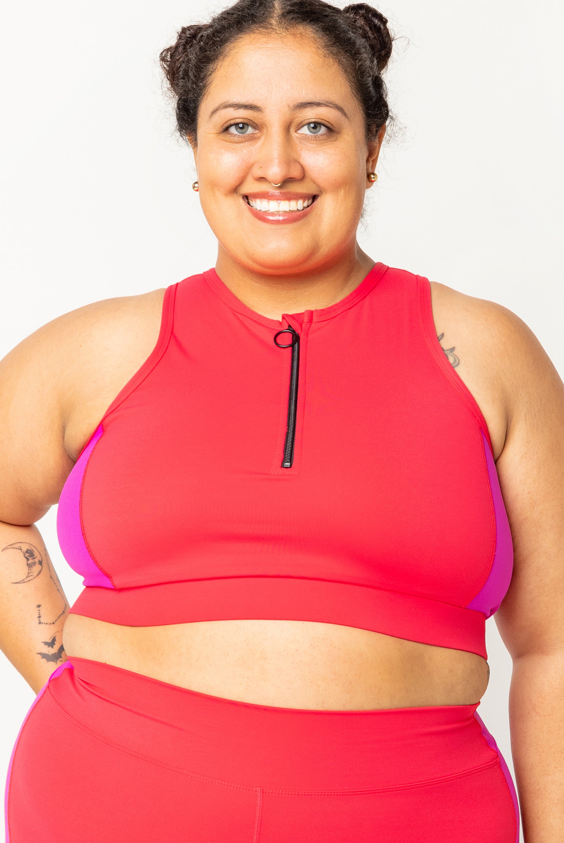 front view Half Zip Crop Bikini Top - Colorblock Fuchsia size 2X