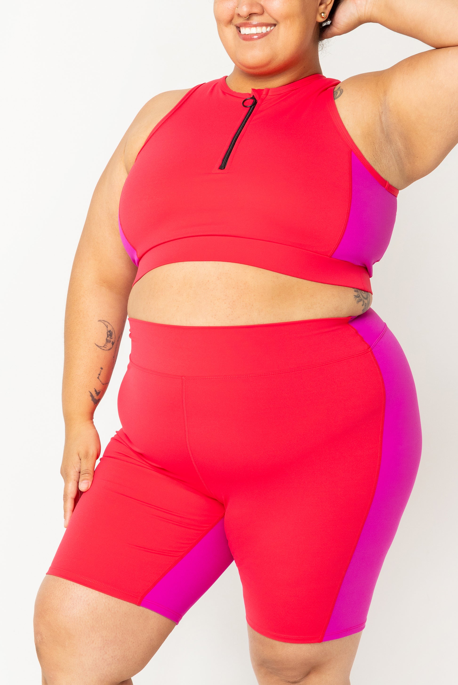 Half Zip Crop Bikini Top - Colorblock Fuchsia paired with matching 9 inch shorts