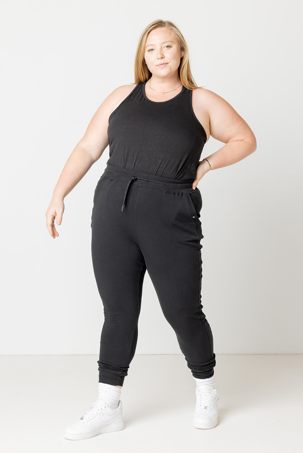 Size XL joggers on plus size model