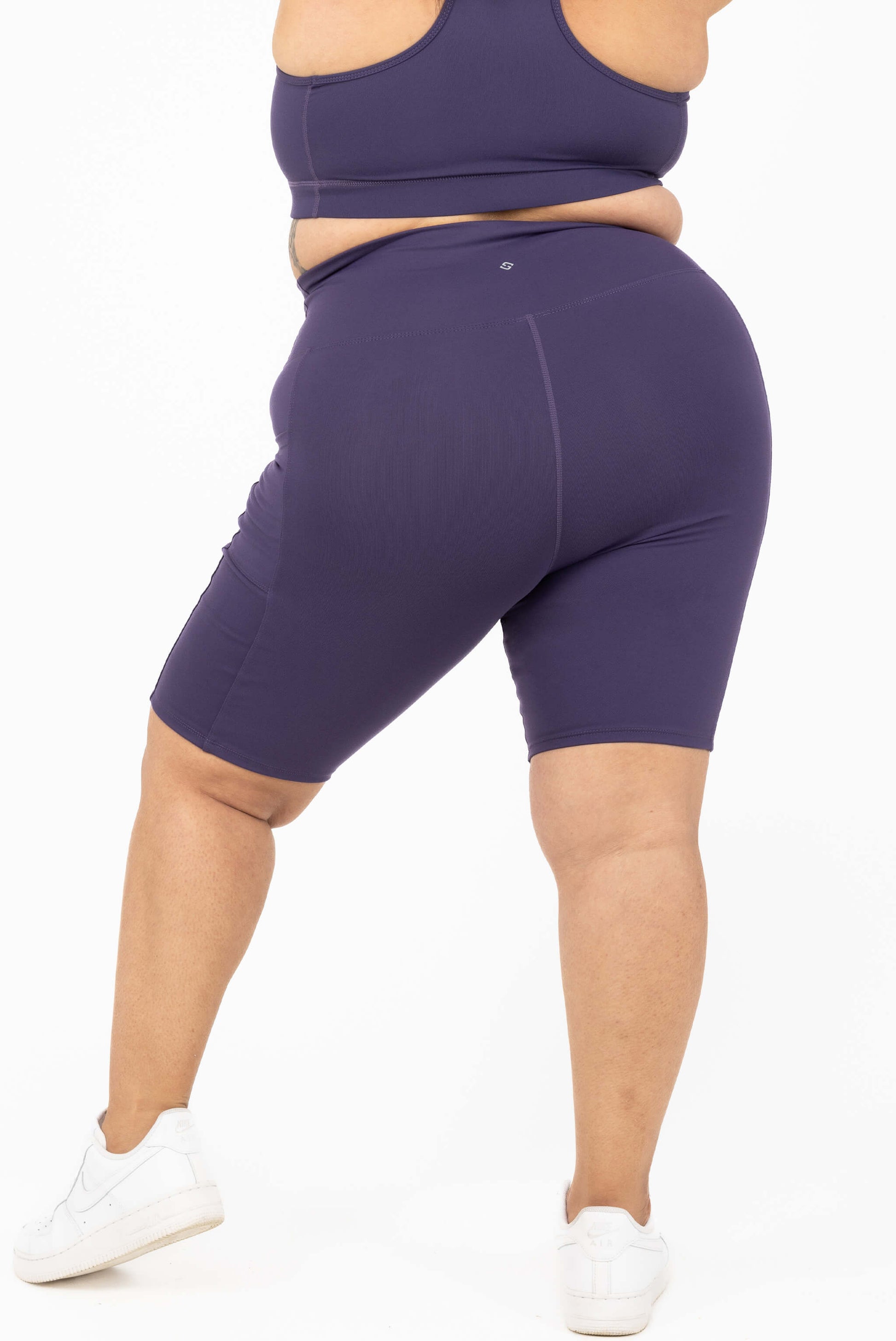 Plus size 11 inch pocket shorts deep purple back view size 2X