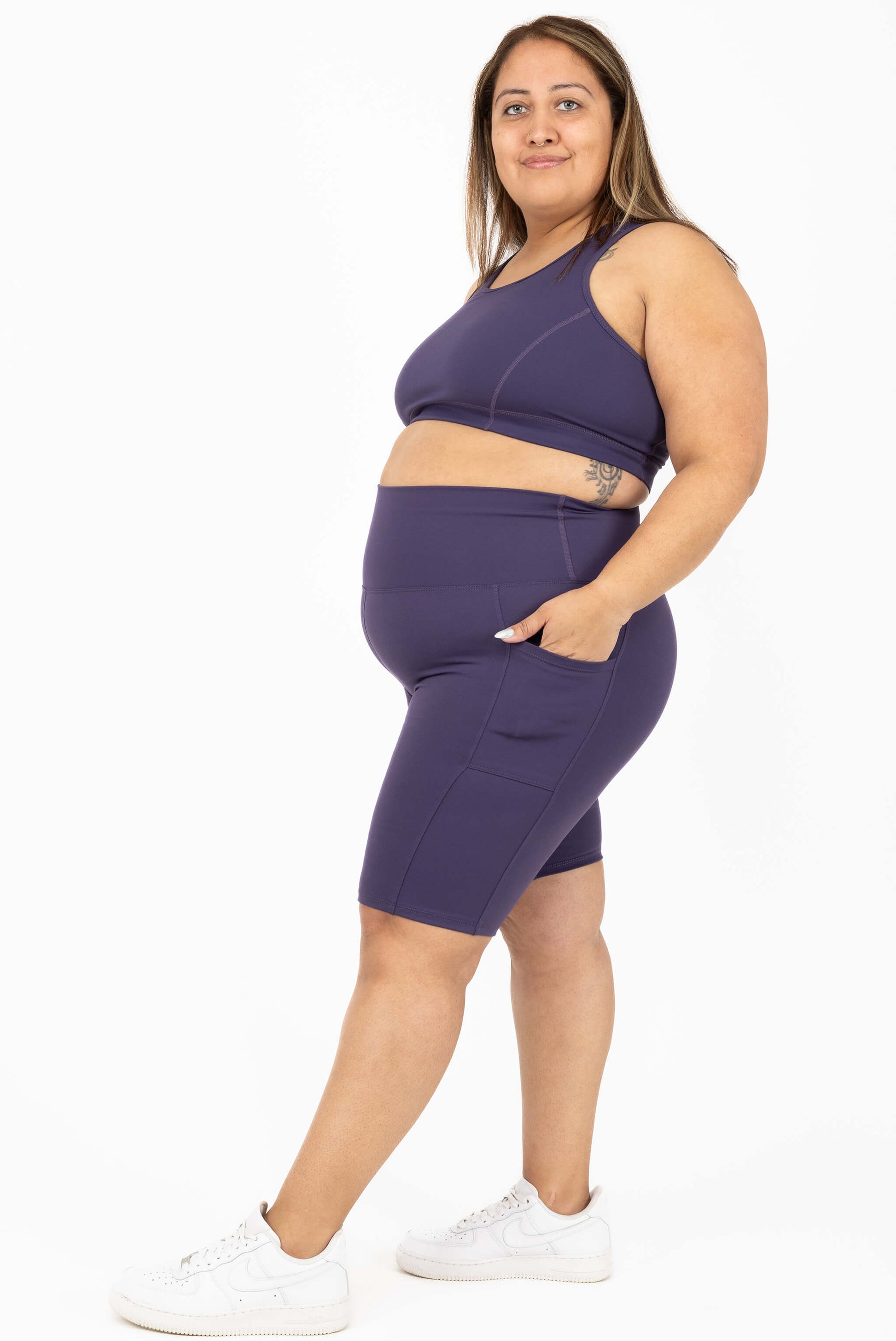 Plus size 11 inch pocket shorts deep purple side view size 2X