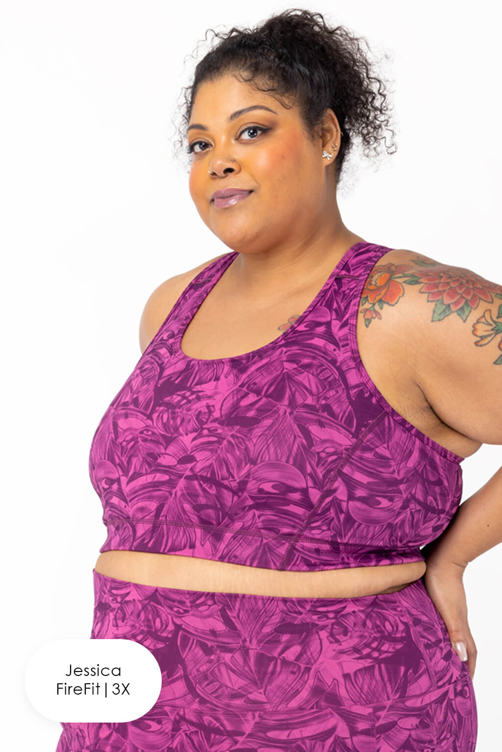 plus size compression sports bra, cactus leaf, profile