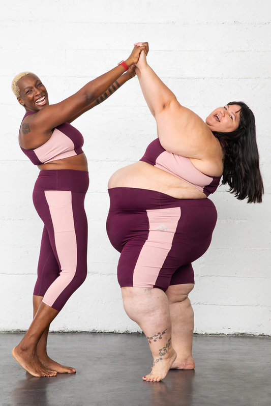 Two plus size women in Superfit Hero Superhold bike shorts burgundy/blush