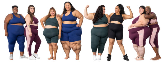 Plus size women wearing Superfit Hero's bike shorts, pocket leggings, sports bra, capris and 7/8 leggings