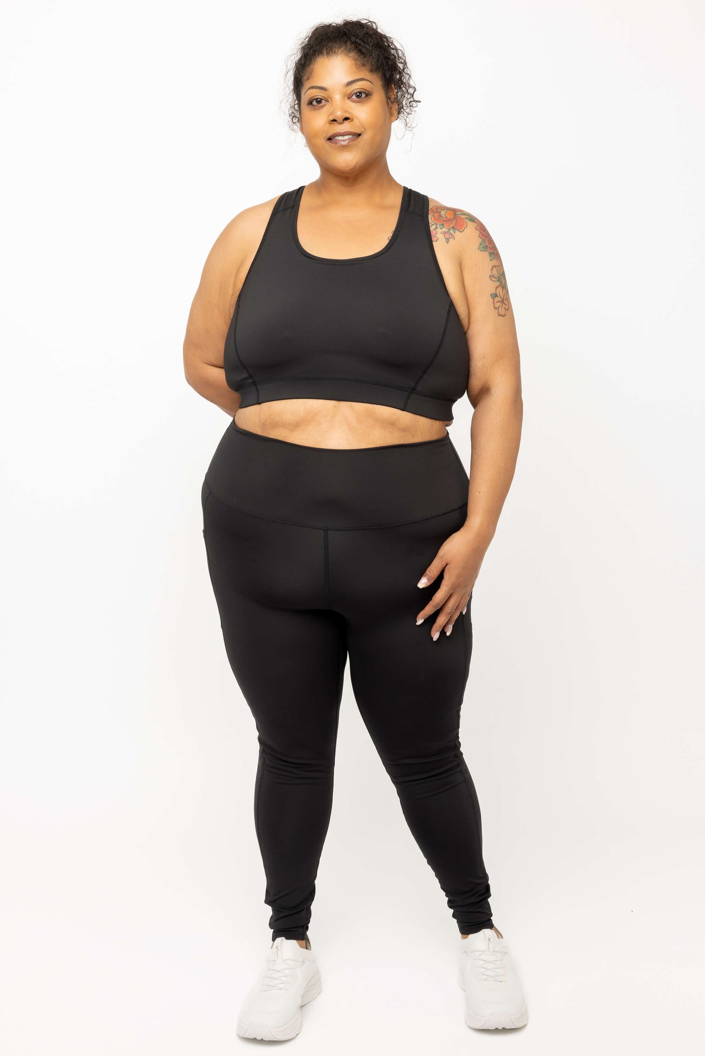 Full body view of model wearing Black SuperCool Leggings with pocket size 2X