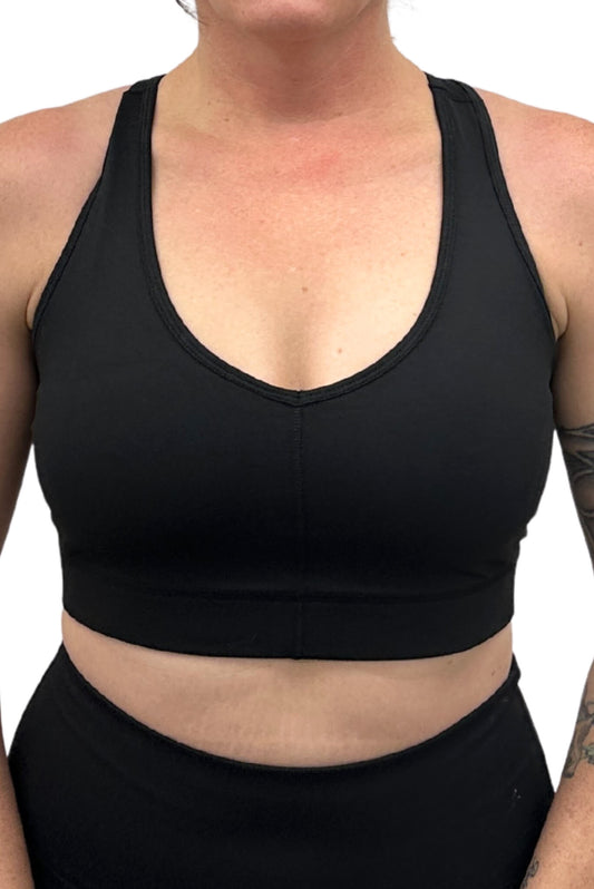 Front view of Superfit Hero V-Neck Sports bra in size Large, color Black