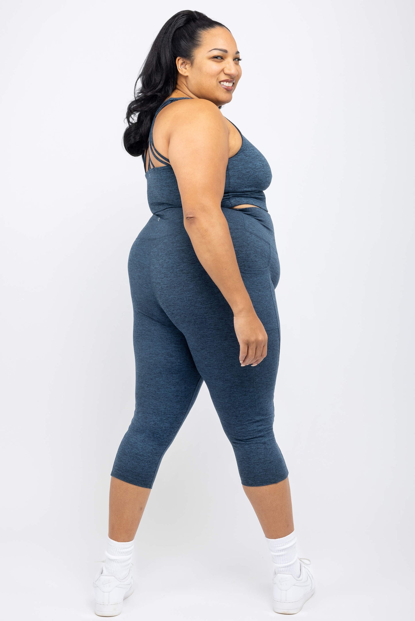 Back view Superfit Hero Plus Size SuperSoft Capris with pockets Heather Navy Size 2X