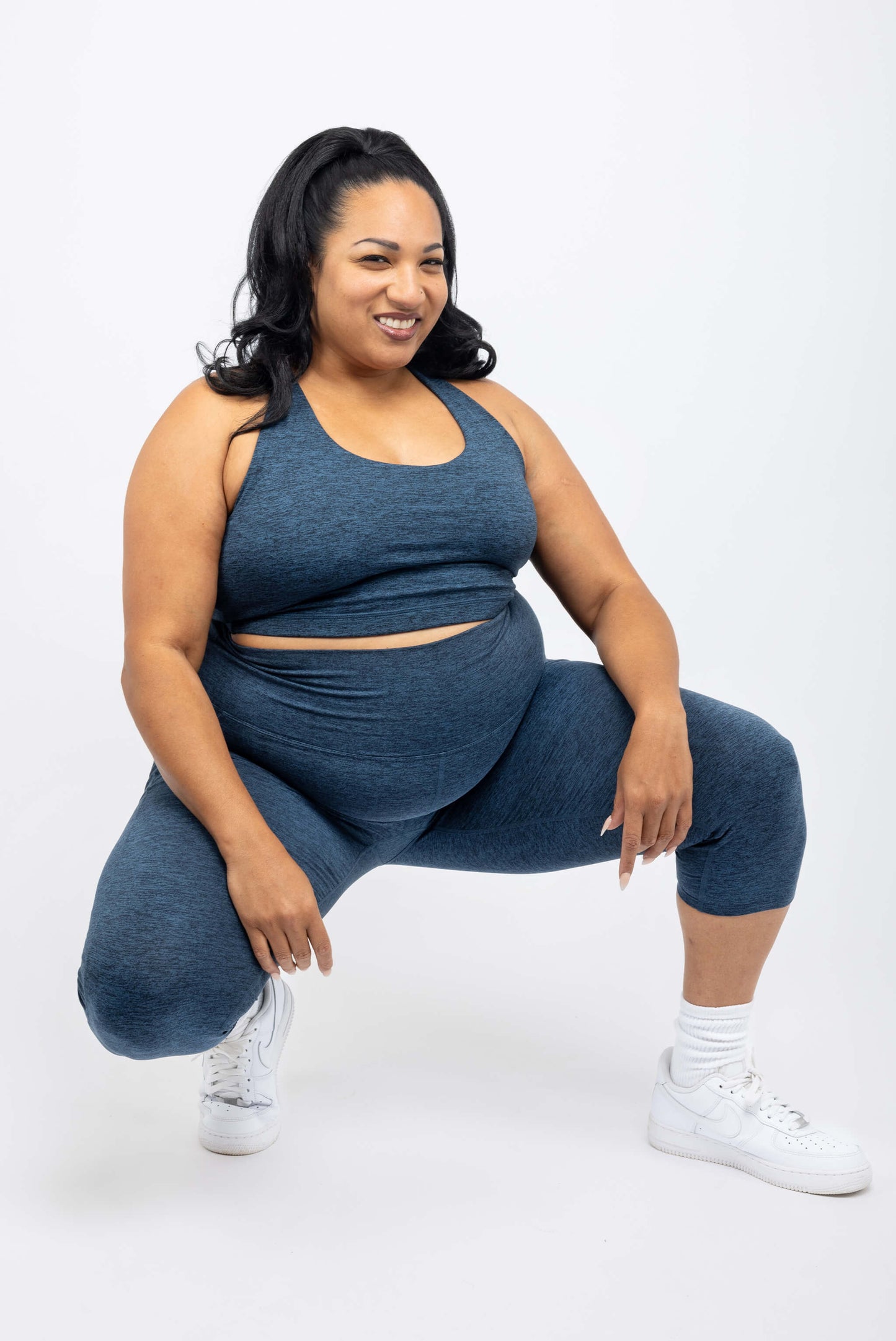 Crouch position, high waistband, Superfit Hero Plus Size SuperSoft Capris with pockets Heather Navy Size 2X