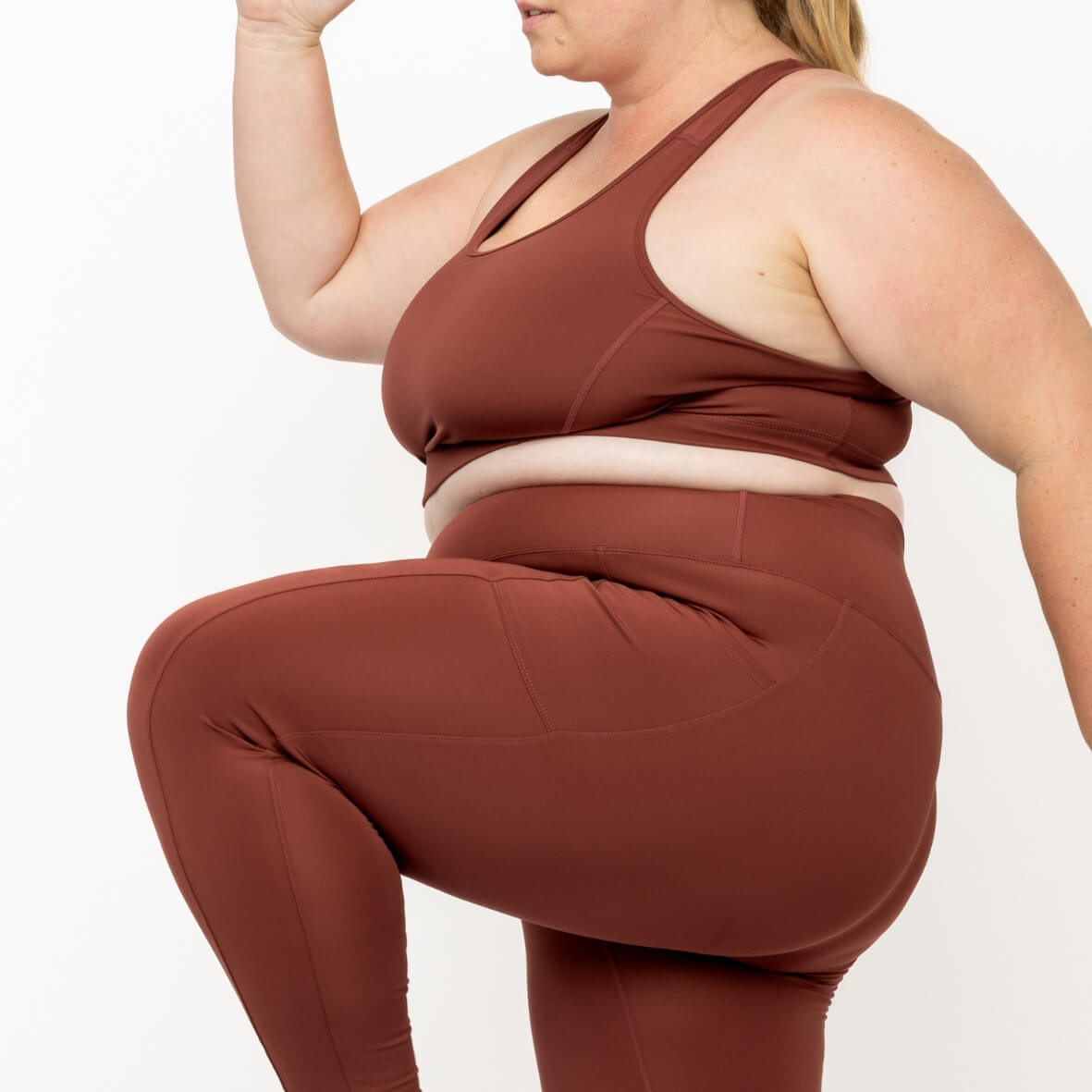 Model wearing Cinnamon SuperCool Sports Bra and matching leggings