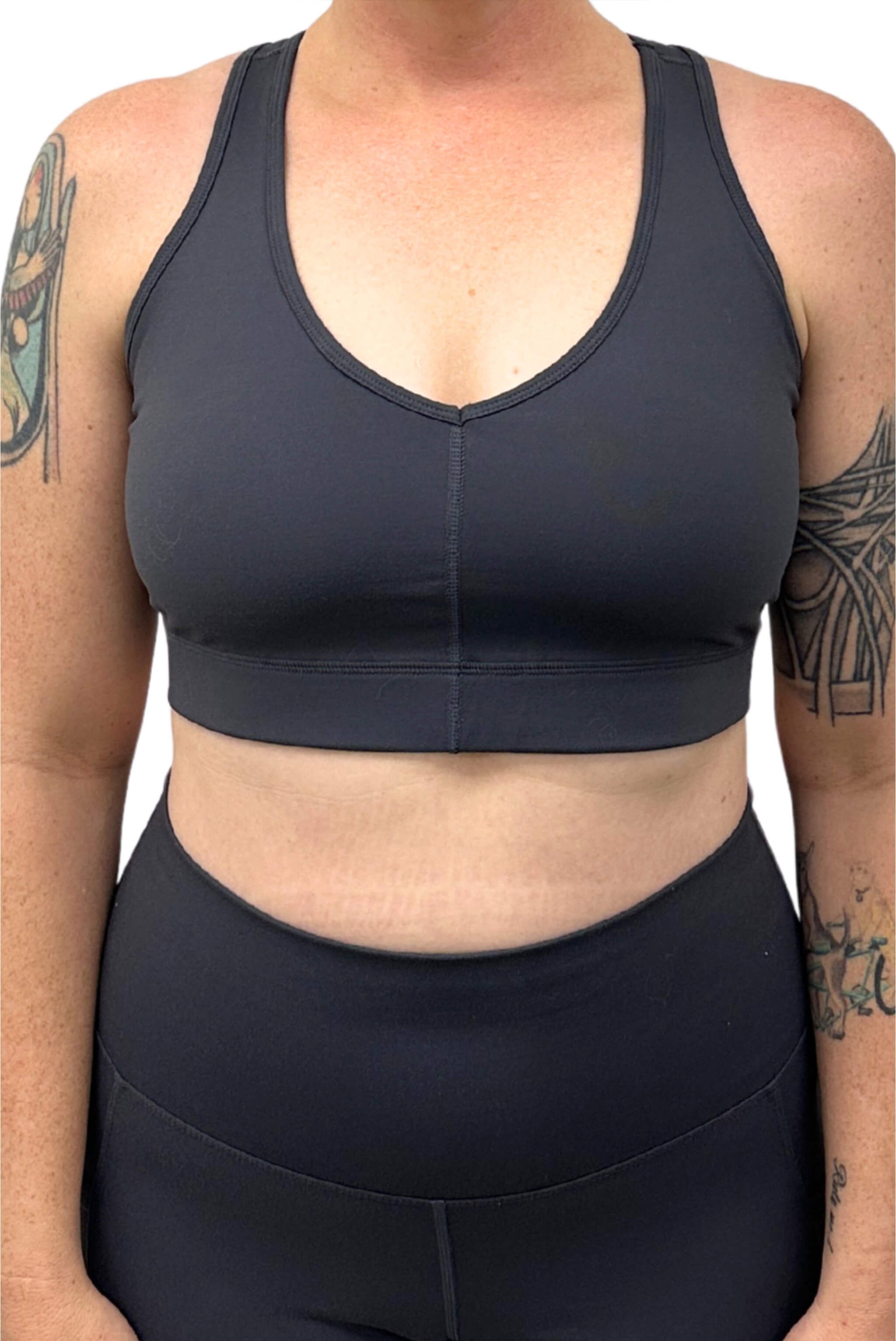 Front view of Superfit Hero V-Neck Sports bra in size Large, color Carbon