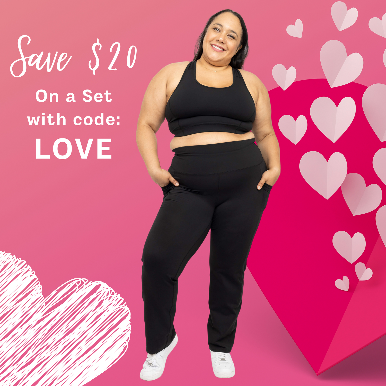 Pink Valentine Promo Image - model wearing matching set bra and leggings