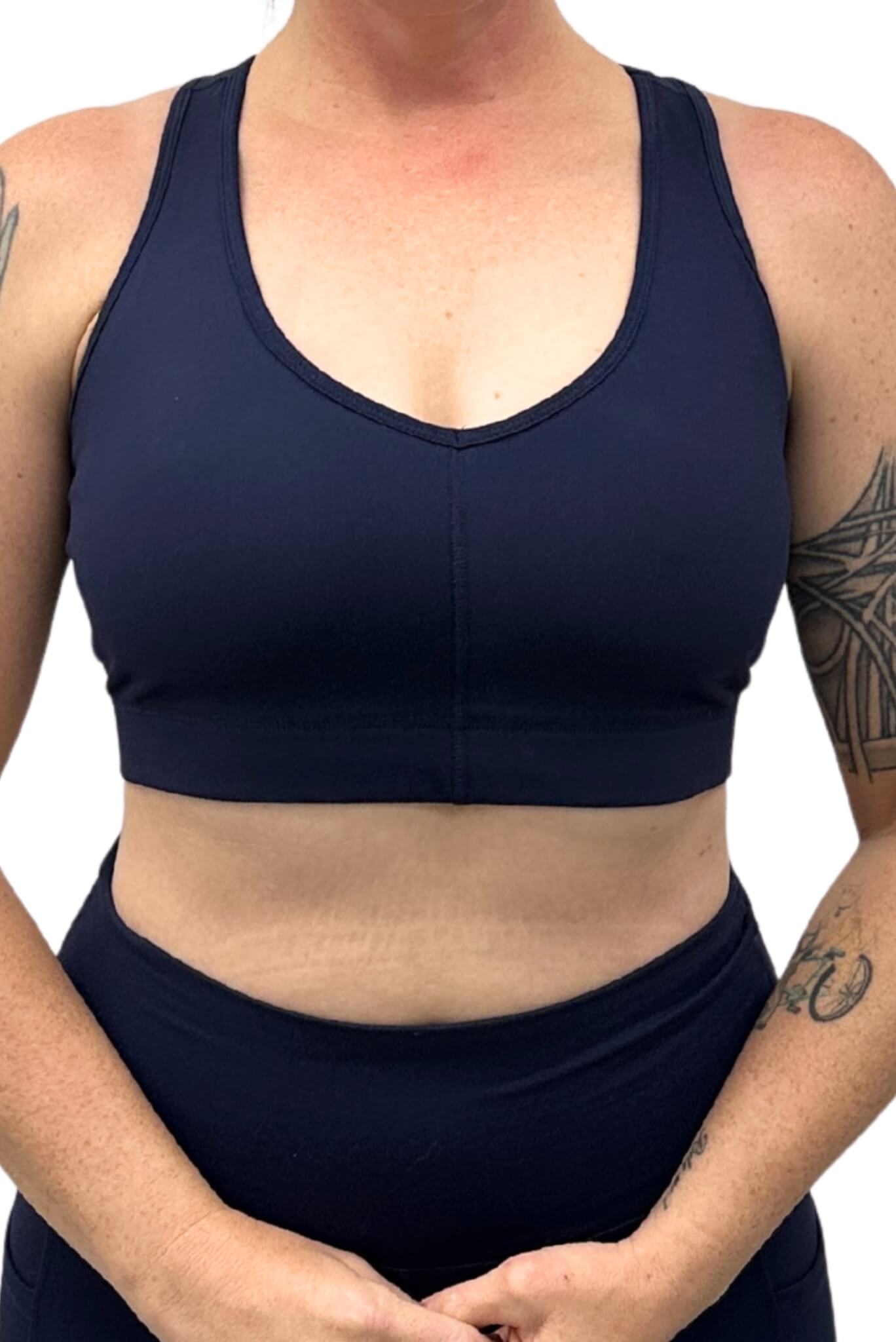 Front view of Superfit Hero V-Neck Sports bra in size Large, color Navy
