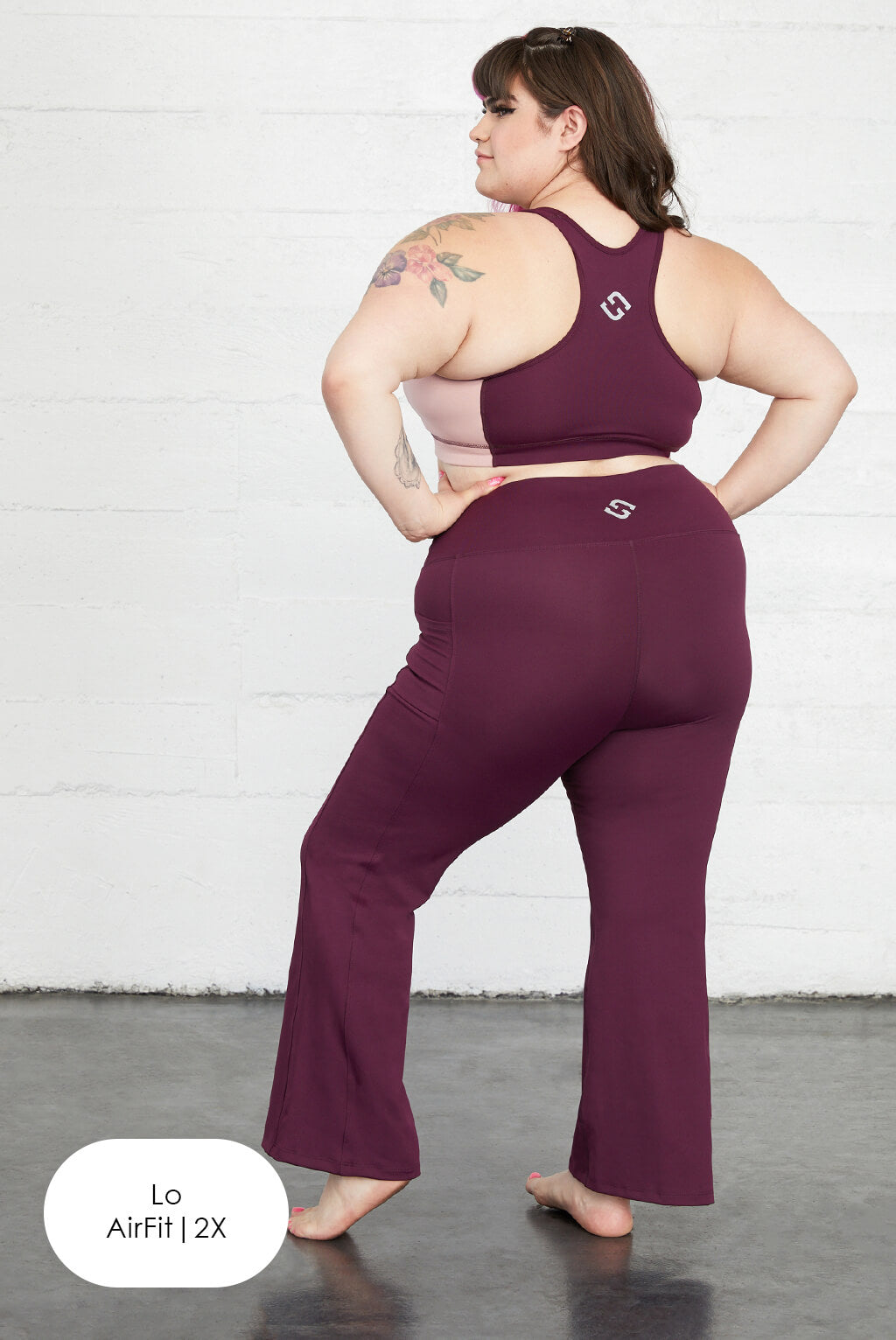 BURGUNDY compression flare yoga leggings plus size women pockets back full Lo