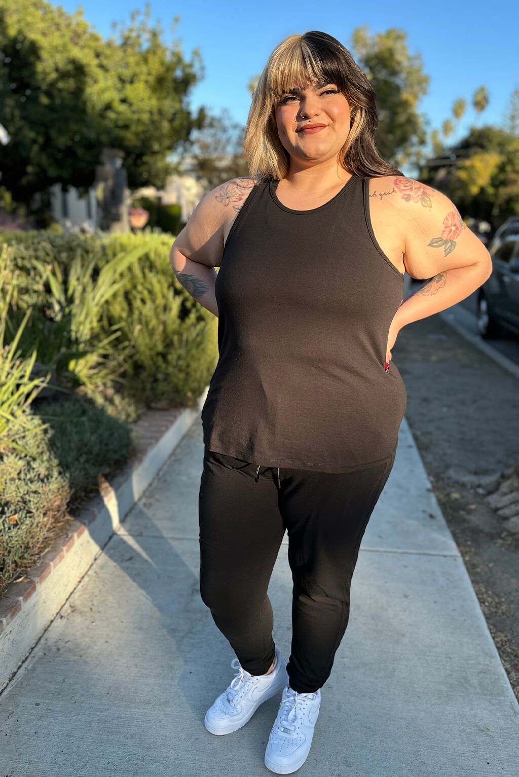Ribbed Back Flow Tank Top in color Black by Athleisure Collection.